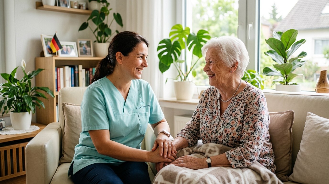 Liebevolle Pflegekraft hält Hand einer Seniorin